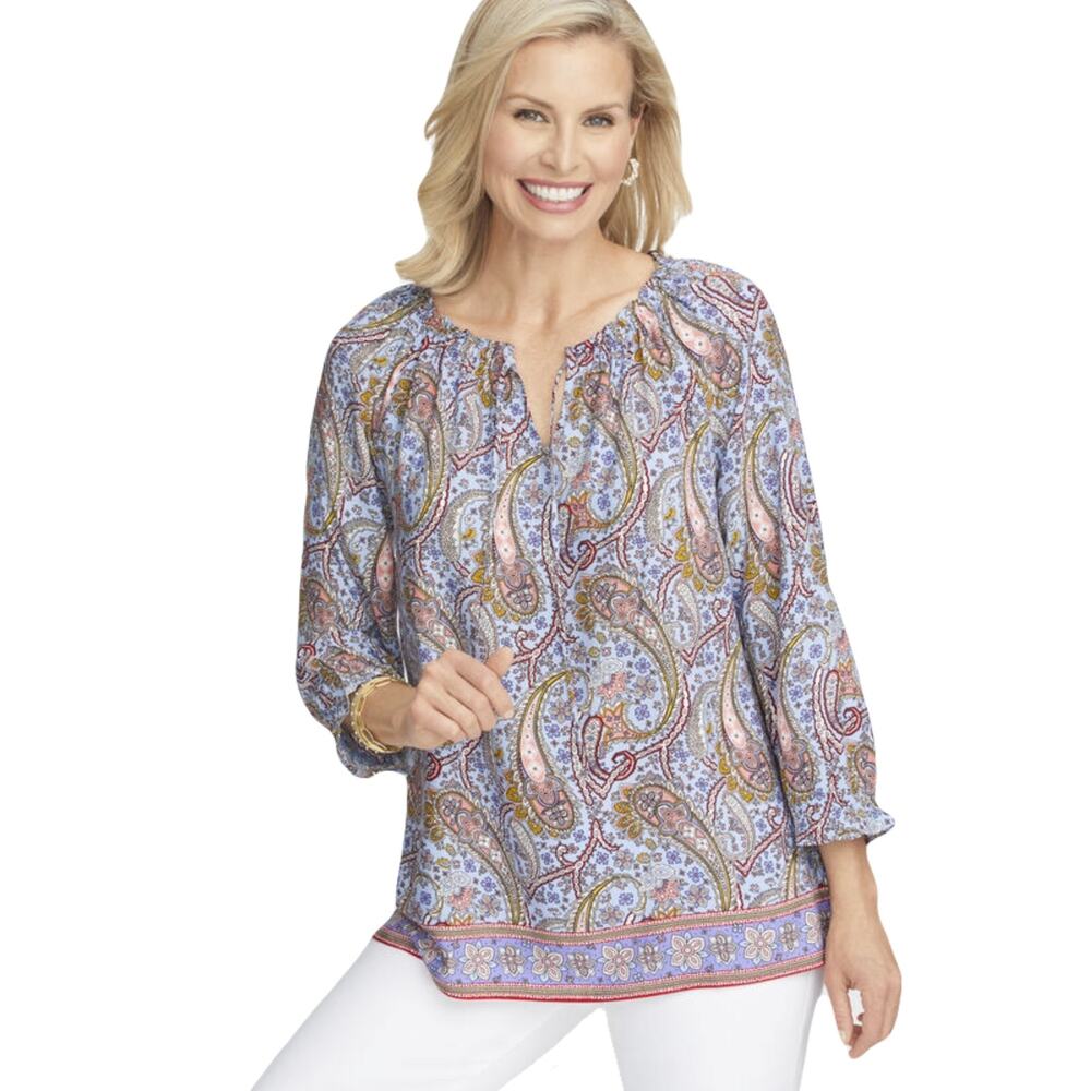 NWOT TALBOTS Top 2X Petite Paisley Floral Blue Pink Ruch Bow Balloon-Long-Sleeve